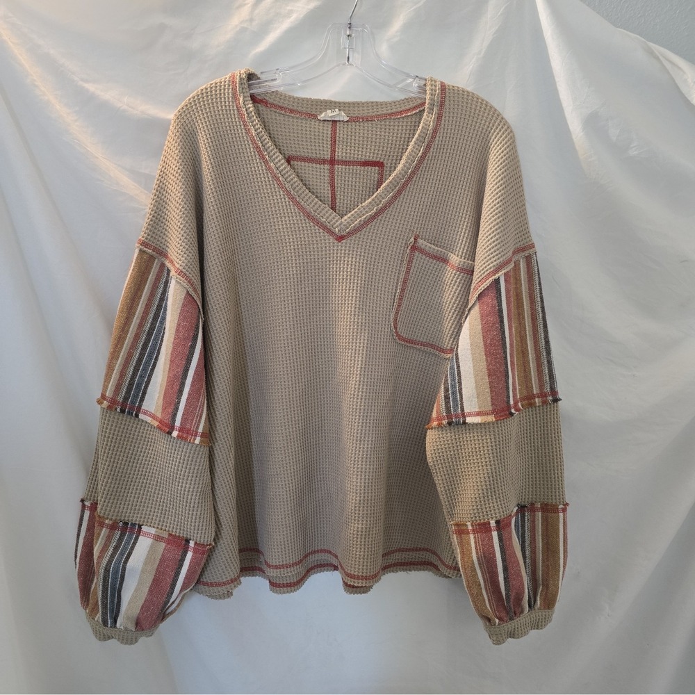 POL Mixed Media Oversized Vneck Waffle-knit Top Patchwork Sleeves Sz M Rough Hem
